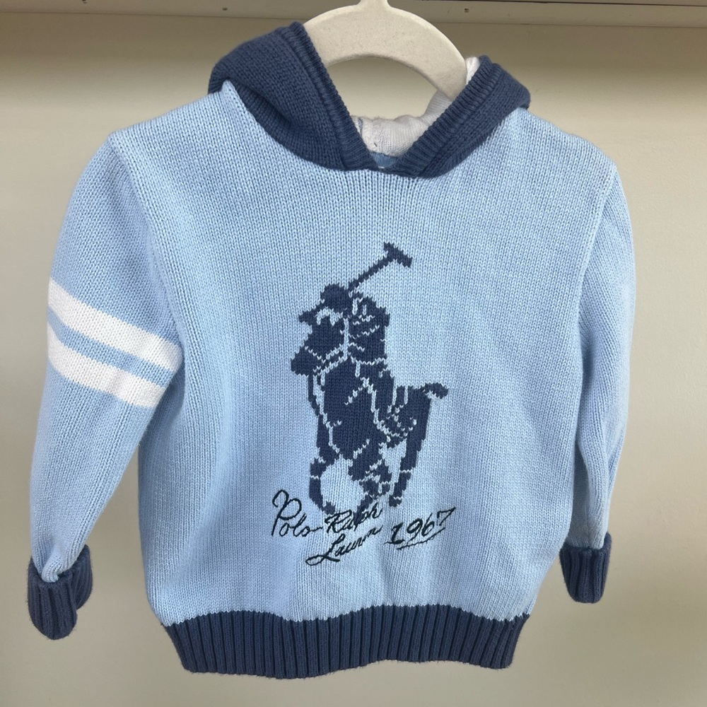 Ralph Lauren Light Blue Knit Hoodie with Navy Polo Logo - Toddler Boy 24 Months